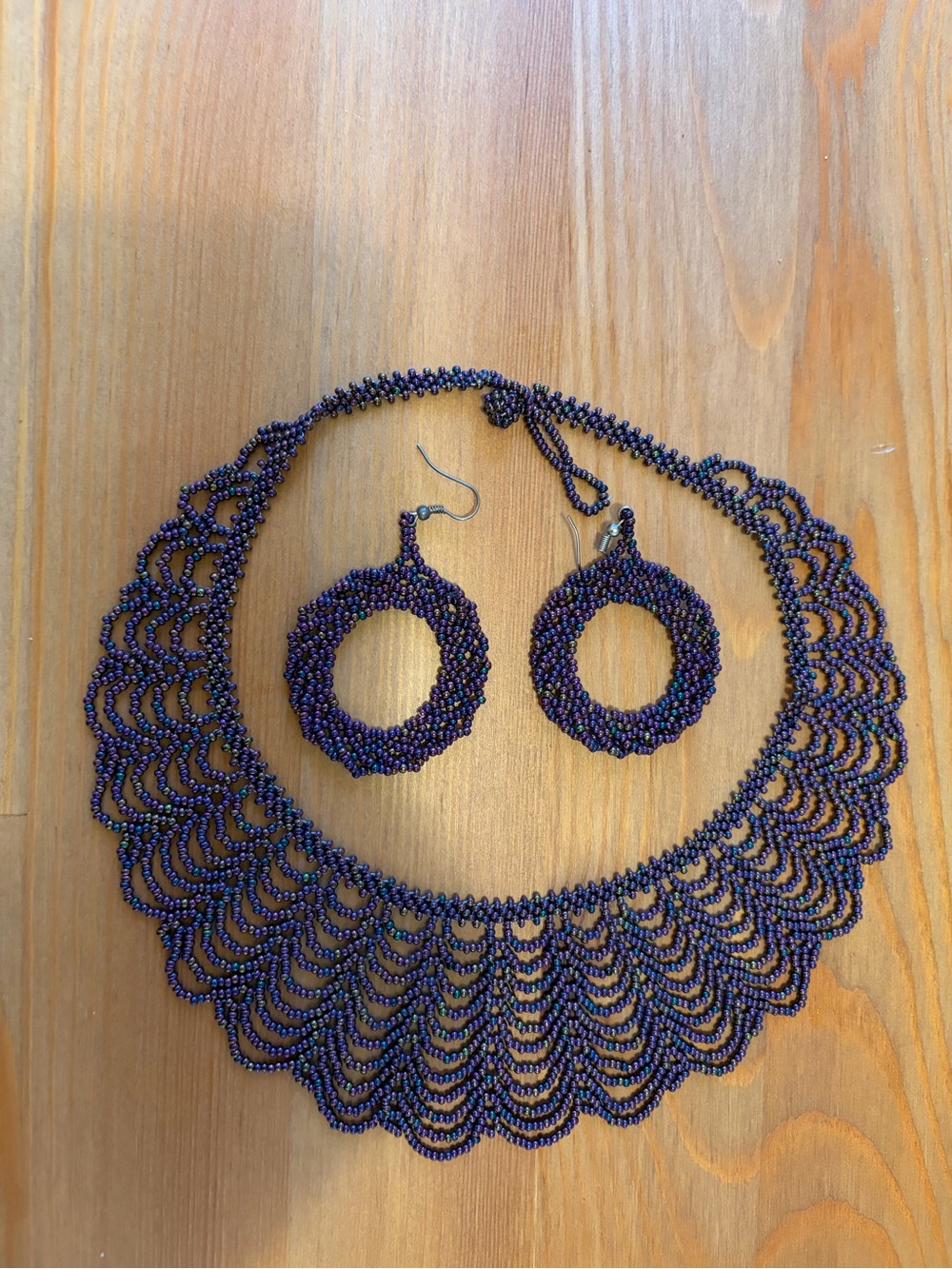Hand Crafted Purple Beaded Collar Necklace with Matching Hoop Earrings